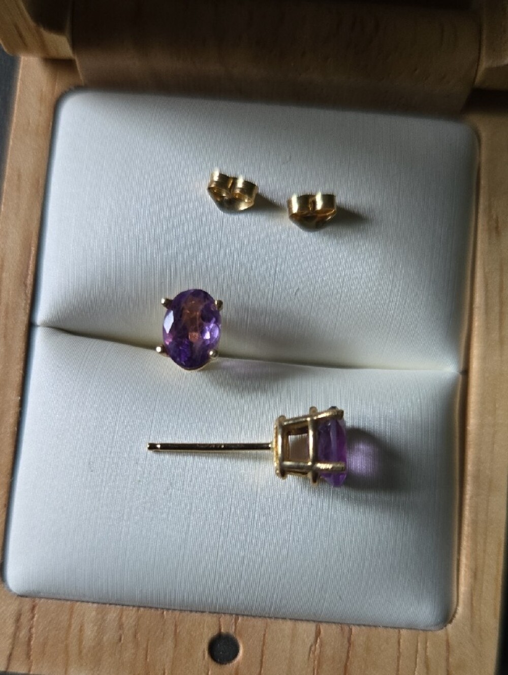 Solid 14k Yellow Gold Amethyst Stud Earrings - Picture 2 of 6